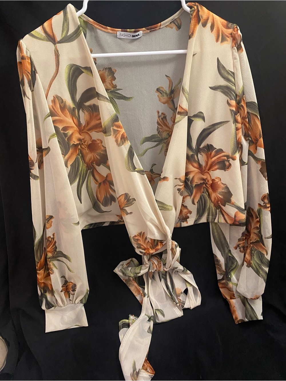 Fashion Nova Sheer Floral Mesh Wrap Top – Earthy/Boho Crop Blouse